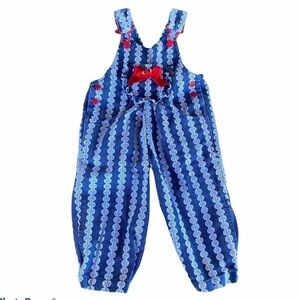 Vintage 80’s 90’s HAPPY KIDS Lace Print Ruffle Denim Overall Romper Toddler 2T